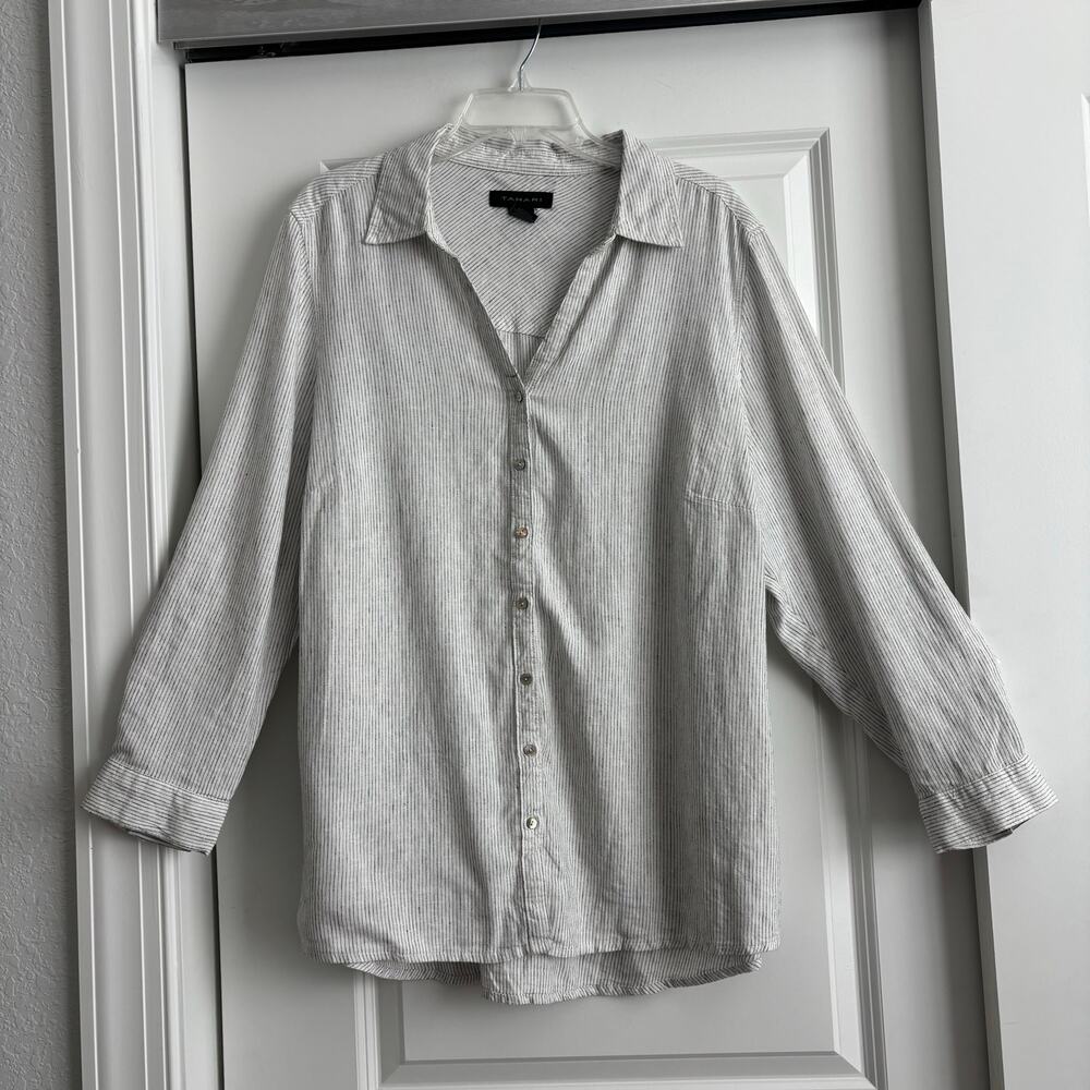 Tahari Women’s Linen Blend Button Front Tunic Blouse Top Striped White 1X